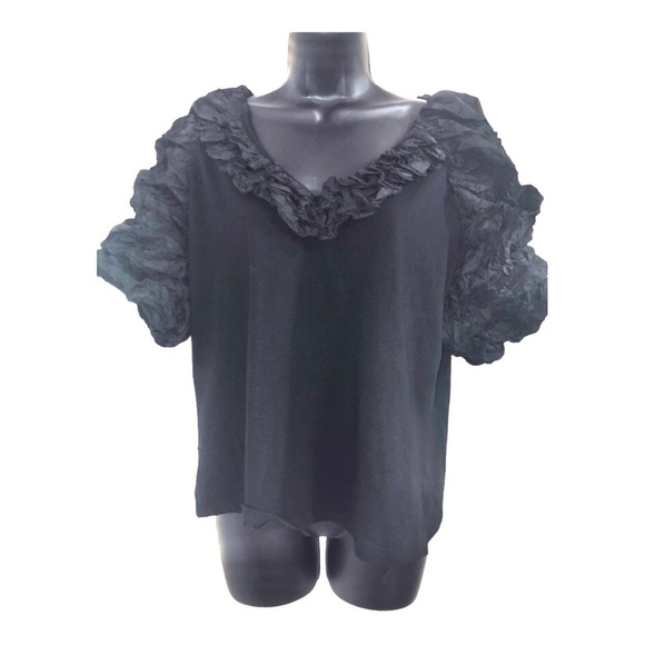 Andrew Marc NY black v-neck‎ ruffle puffy neckline exaggerated sleeve top shirt - Picture 2 of 16